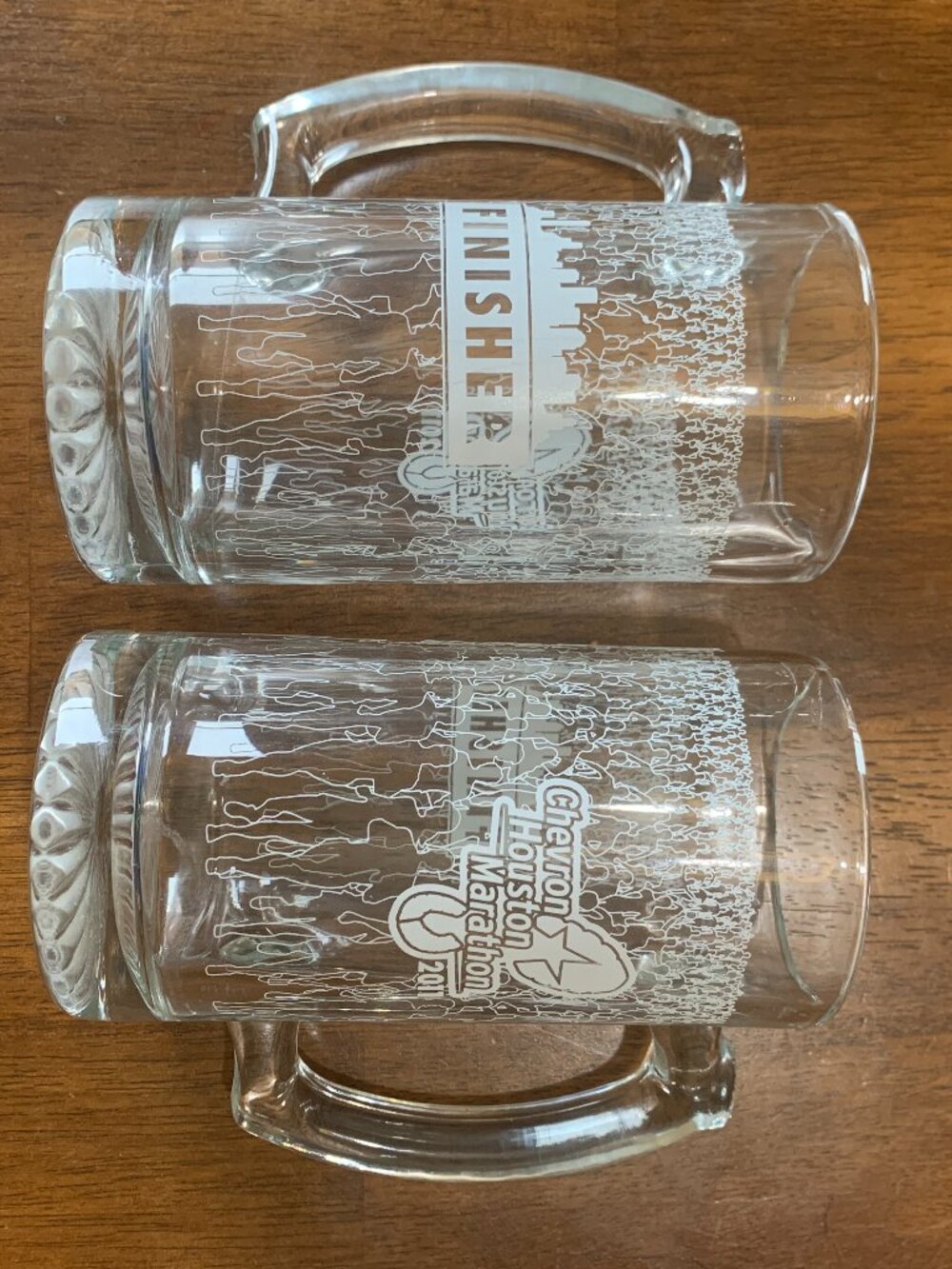 Pair of Chevron Houston Marathon Finisher Glass Mugs Beer Steins 2011